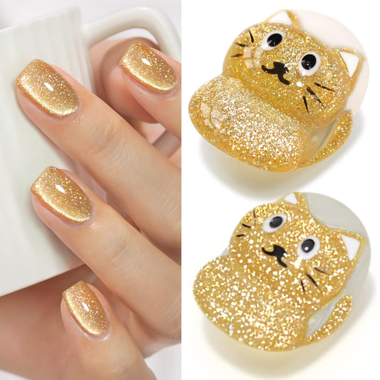 Double Rhythm Cat Eye Gel Polish with Magnet 15ML Holographic Glitter Shimmer Translucent Sheer Color Glass Magnetic Gel Polish Salon DIY at Home (Light Gold-MC1064)