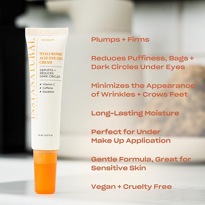 InstaNatural Hyaluronic Acid Eye Gel Cream, Hydrating Under Eye Cream for Women & Men, Decreases Puffiness, Dark Circles and Wrinkles, with Vitamin C, Caffeine, Squalane & Peptides, 0.5 Fl Oz