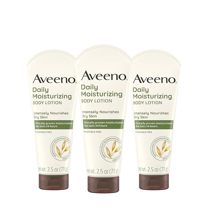 Aveeno Daily Moisturizing Body Lotion, Gentle Lotion Nourishes Dry Skin With Moisture, Soothing Prebiotic Oat, Fragrance-Free, Non-Comedogenic, Travel-Size, Pack of Three, 3 x 2.5 fl. Oz