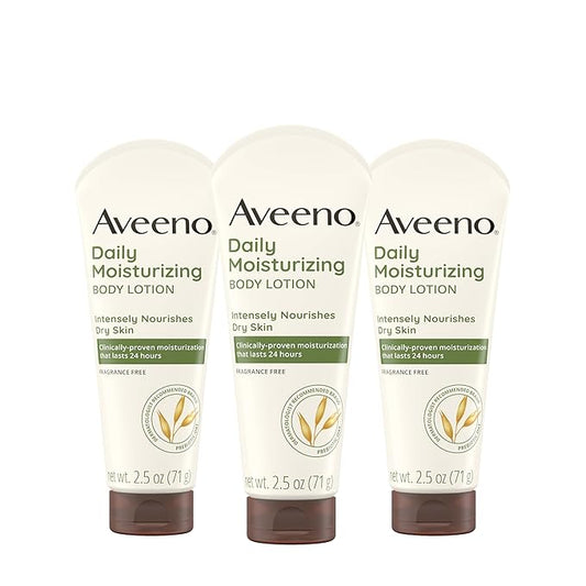 Aveeno Daily Moisturizing Body Lotion, Gentle Lotion Nourishes Dry Skin With Moisture, Soothing Prebiotic Oat, Fragrance-Free, Non-Comedogenic, Travel-Size, Pack of Three, 3 x 2.5 fl. Oz