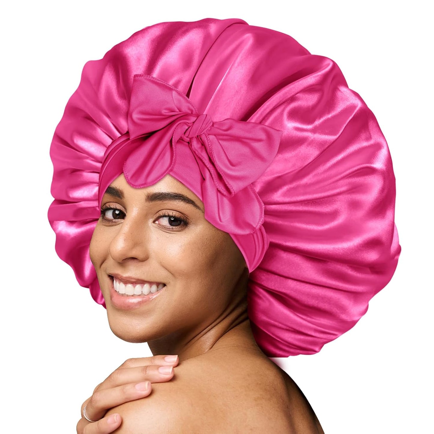 BONNET QUEEN Silk Bonnet for Sleeping Women Big Satin Bonnet Night Sleep Cap Wrap for Curly Hair with Adjustable Tie Band, Single Layer, Large, Hot Pink