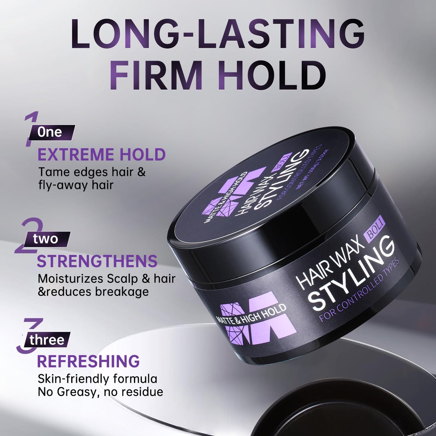 BOLI Hair Styling Wax for Men, All Day Strong Hold Gel, Texturizing & Matte Finish, Styling Pomade for Medium, Thick, Straight, or Wavy Hair (100g)