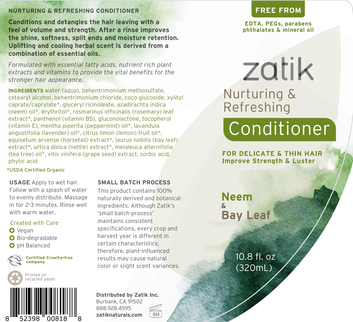 Zatik Naturals - Nurturing and Refreshing Shampoo + Conditioner Set, with Neem & Bay Leaf for Dry, Fine, Delicate Hair - Biodegradable, pH Balanced, Sulfates & Phthalates Free, 2x10.8oz (One of Each)