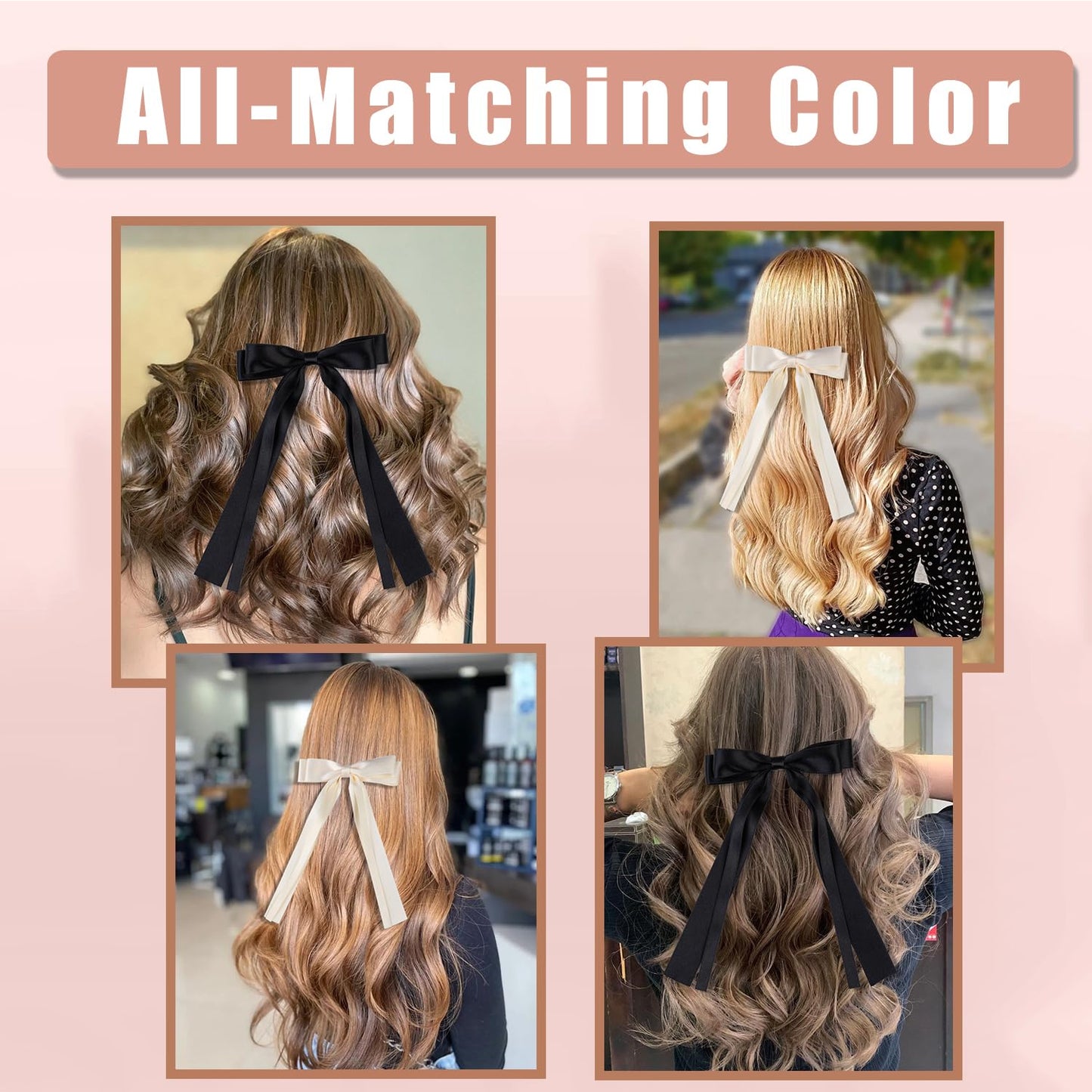Oversized Long-tail Cute Aesthetic Hair Accessories: 4 PCS Ribbon Bows, Large Hair Barrettes, Big Bows for Girls (Beige, Black)