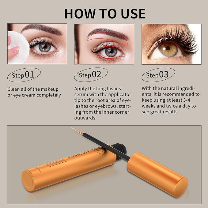 Premium Eyelash Growth Serum, Lash Growth Serum 5ML, Eyebrow Growth Serum with Peptides, Irritation-Free Eyelash Serum to Grow Lashes, Lash Boost for Fuller, Longer, Thicker, and Stronger Lashes, Gold