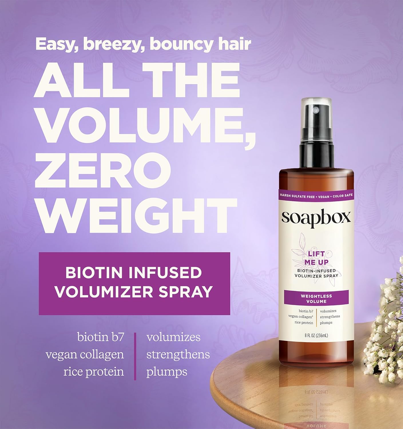 Soapbox Lift Me Up Volumizing Hair Treatment, Lightweight Volumizing Hairspray with Biotin, Natural Volume Spray for Hair, Harsh Sulfate Free, Silicone Free, Color Safe, and Vegan Products, 8 Ounces
