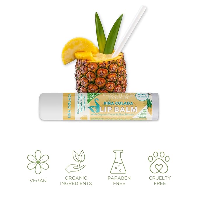 Vegan Lip Balm Set - Variety Pack of 3 Soothing Touch Lip Balms. Large 0.25 oz size. Includes Bonus Muslin Pouch Unique Gift Bundle by Tiny Seed (Strawberry Shortcake, Orange Creamsicle, Piña Colada)