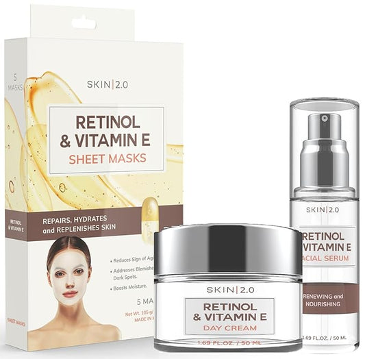 Retinol and Vitamin E Beauty Value Set - Serum, Moisturizer & Face Sheet Masks