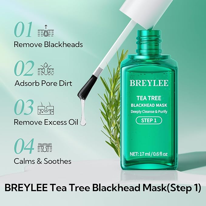 BREYLEE Blackhead Remover Mask, Tea Tree Oil Nose Pore Strips +100 papers, Puntos Negros, Peel Off Mask for Nose and Face, Pore Cleanser Purifying, Brush Desigh