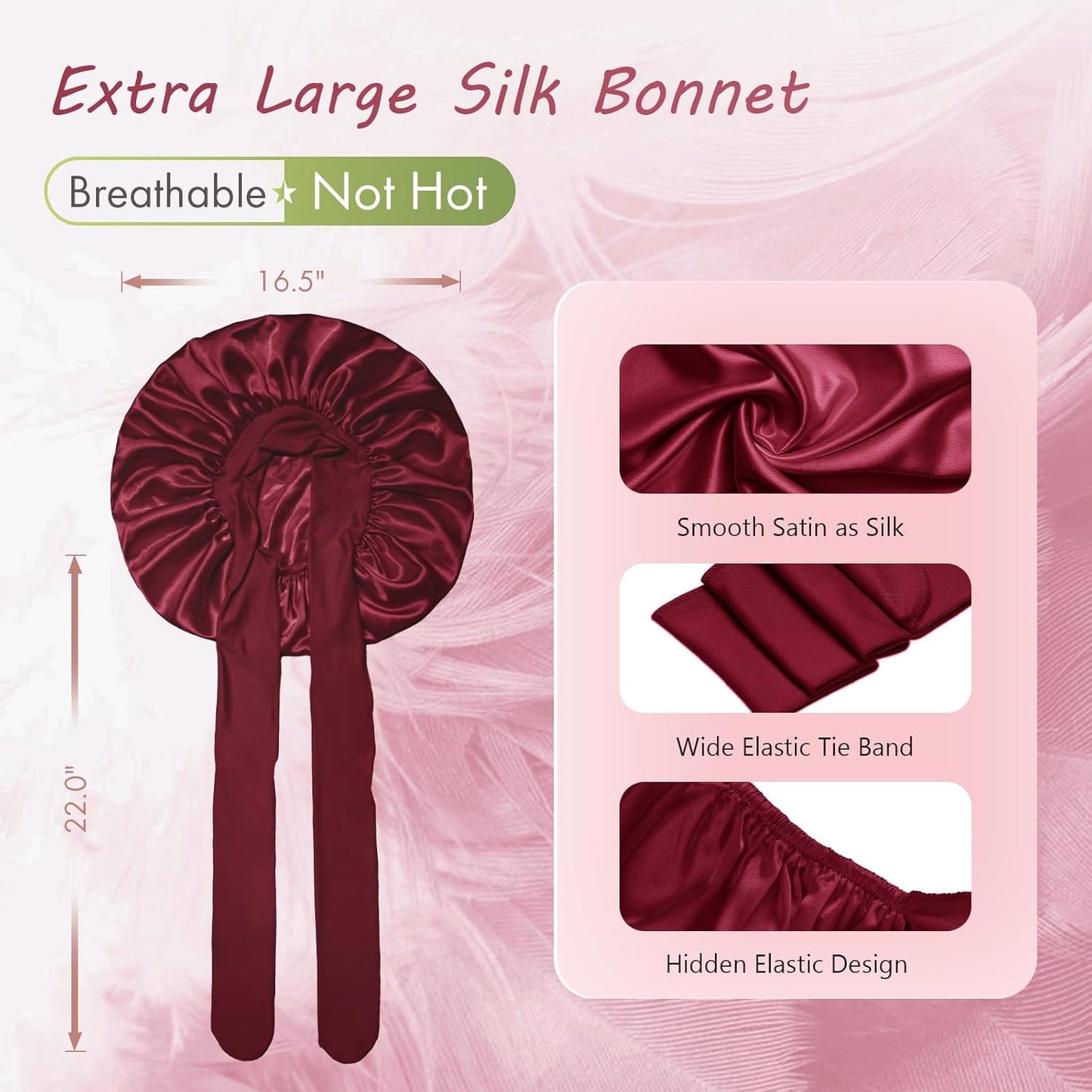 BONNET QUEEN Silk Bonnet for Sleeping Women Big Satin Bonnet Night Sleep Cap Wrap for Curly Hair with Adjustable Tie Band, Single Layer, Large, Burgundy