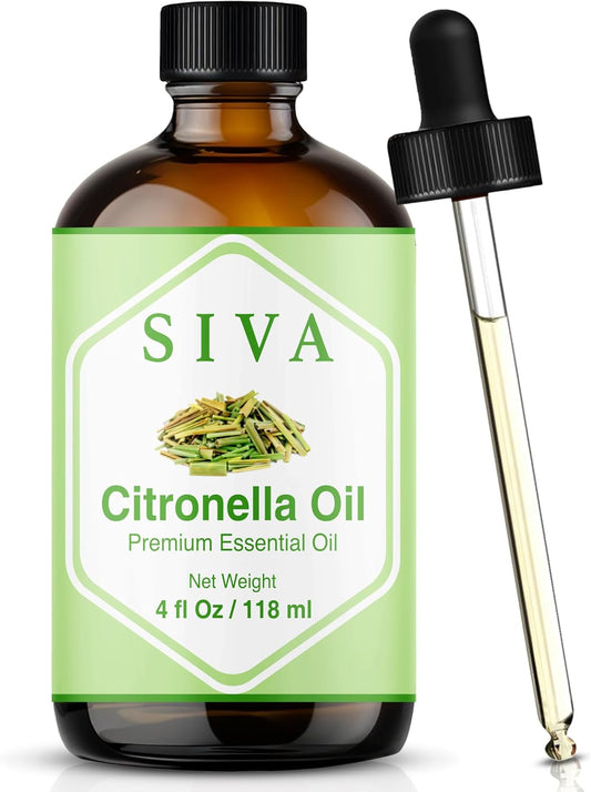 Siva Citronella Essential Oil - 4 Fl Oz – 100% Natural Citronella Oil - for Diffuser, Face, Skin Care, Aromatherapy, Hair Care, Scalp and Body Massage - with Dropper