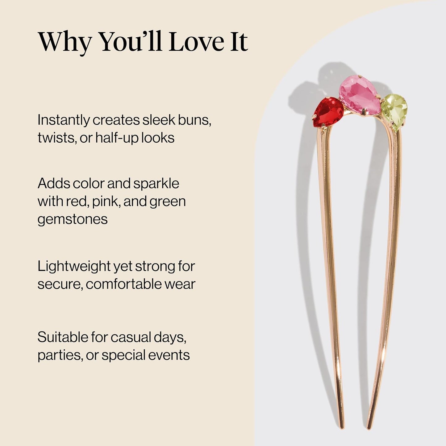 Kitsch French Hair Pin for Women – Gold Hair Accessories with Gemstone Accents, Lightweight Metal Hair Stick for Effortless Updos, Twists & Buns | Ideal Gifts for Women