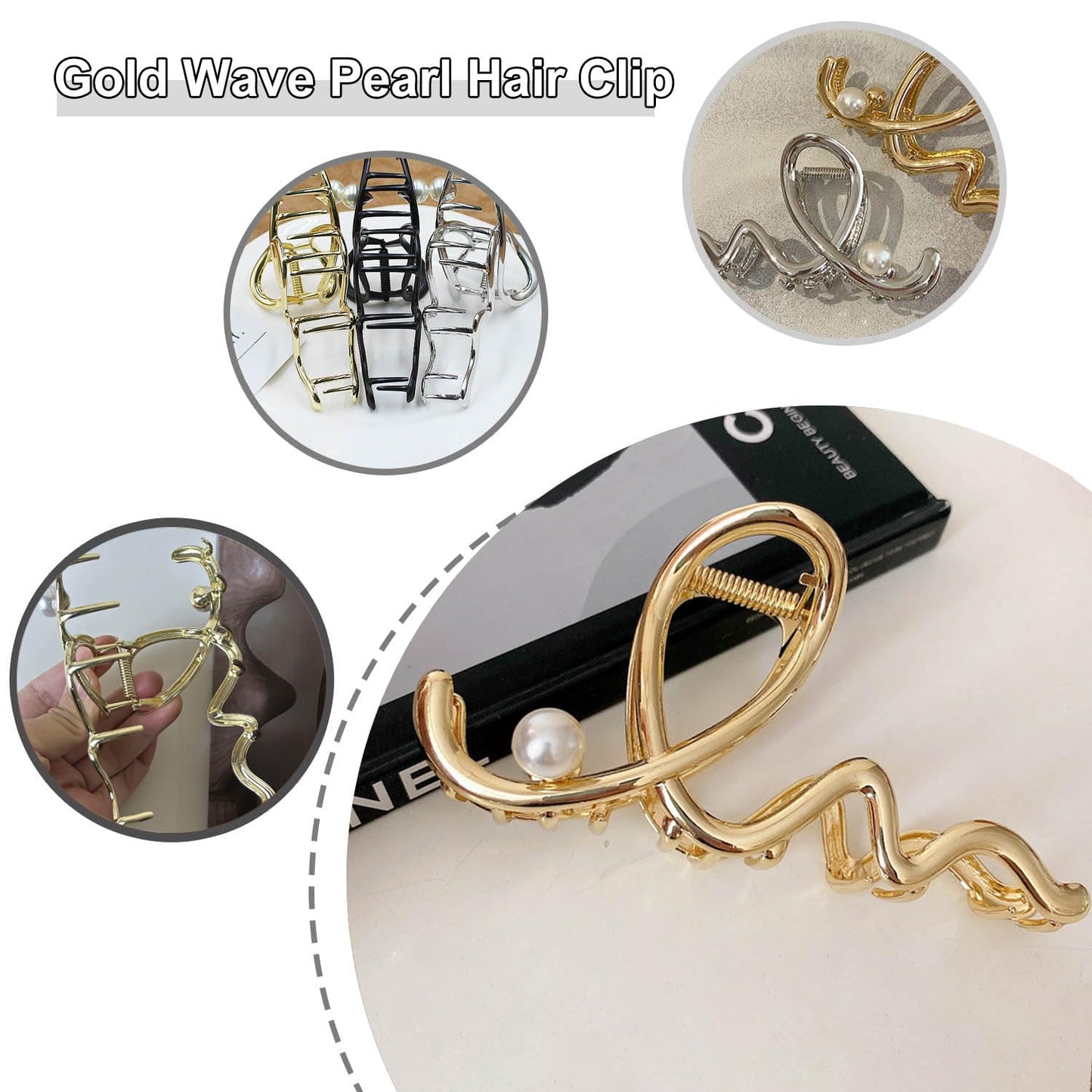 Women's Hair Accessories - Large Metal Claw Hair Clips with Gold Wave Pearl Design, Strong Hold, Non-Slip Barrette for Hair Styling