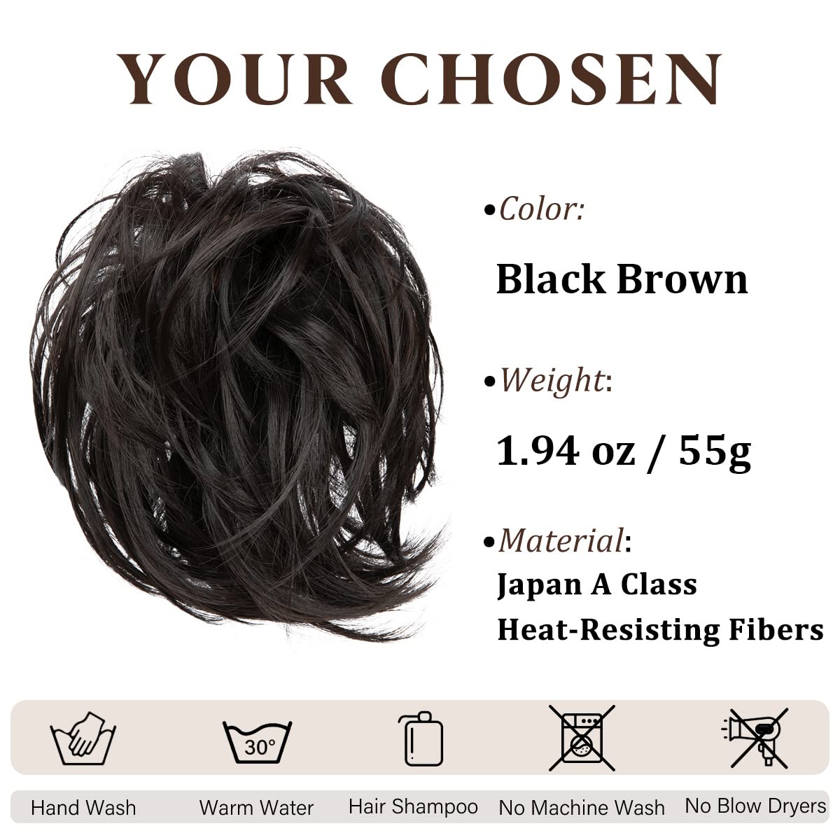CJL HAIR Large Messy Bun Hair Piece Wavy Curly Scrunchies Synthetic Chignon Ponytail Hair Extensions Thick Updo Hairpieces for Women Black Brown
