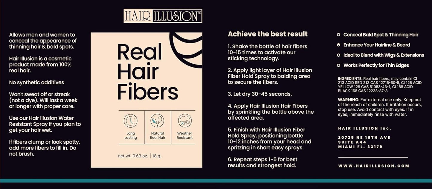 Hair Illusion Black Real Hair Fibers for Thinning Hair - 100% Natural Texture, Non Synthetic Hair Fibers - Bald Spot Cover Up for Women & Men - 18 Gram
