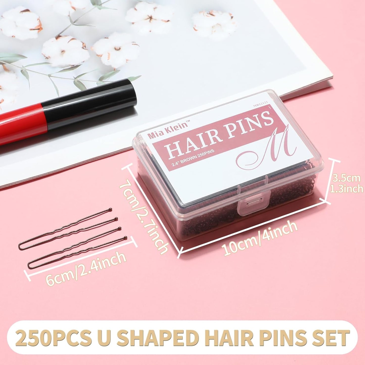 U Shaped Hair Pins -2.4 Inch 250 Count, Professional Hair Styling Pins for Women, Girls, and Hairdressing Salons - Includes Clear Storage Box for Updos and Bun Hair (Brown)