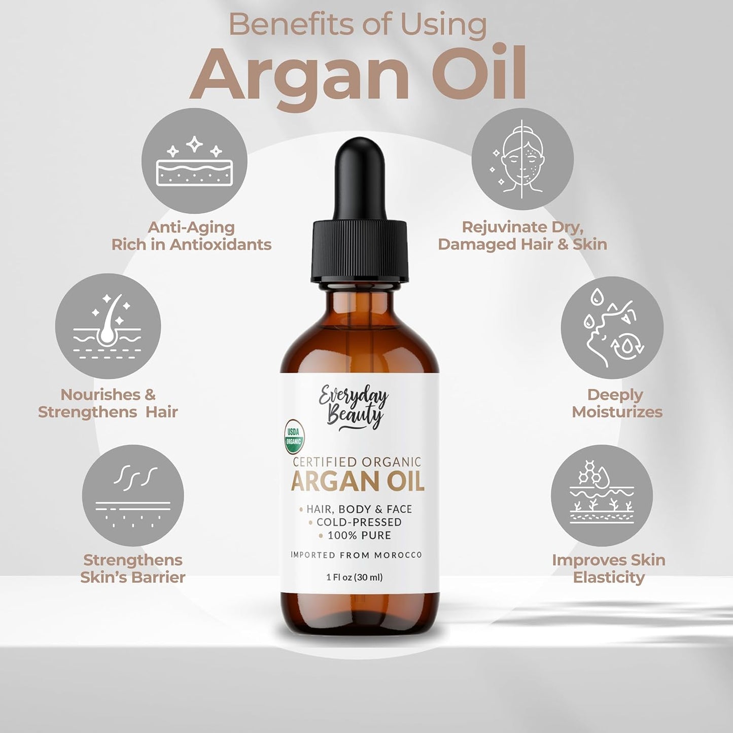 Organic Argan Oil | 100% Pure, Cold-Pressed, Unrefined | USDA Certified Organic | Amber Glass Bottle with Glass Dropper | For Hair, Face & Skin - 1 Fl Oz