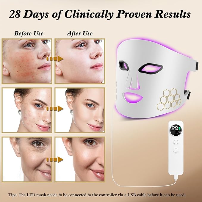 Red Light Therapy for Face, Infrared LED Face Mask Light Therapy 4 Light Waves with 850nm Near Infrared, Portable Rechargeable Red Light Therapy Mask Skincare Device for Facial Rejuvenation
