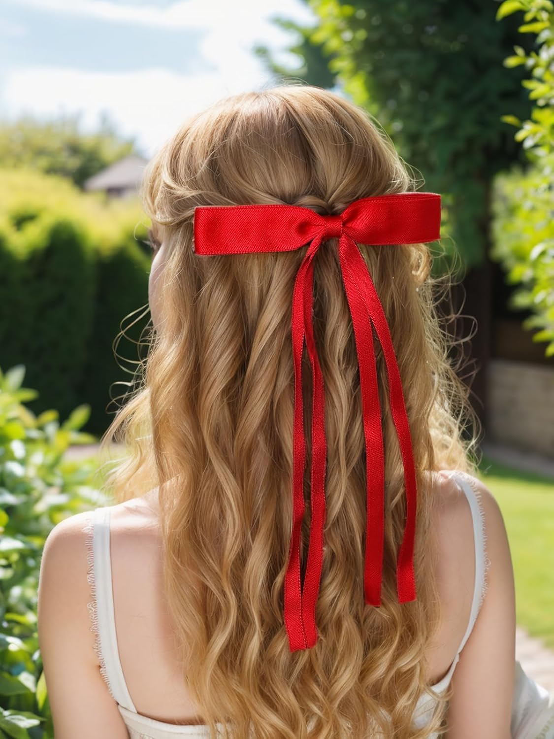 Tassel Ribbon Bowknot Hair Clips with Long Tails for Women and Girls, Solid Barrettes and Claw Clips with Bows for Long Hair (Red Green)