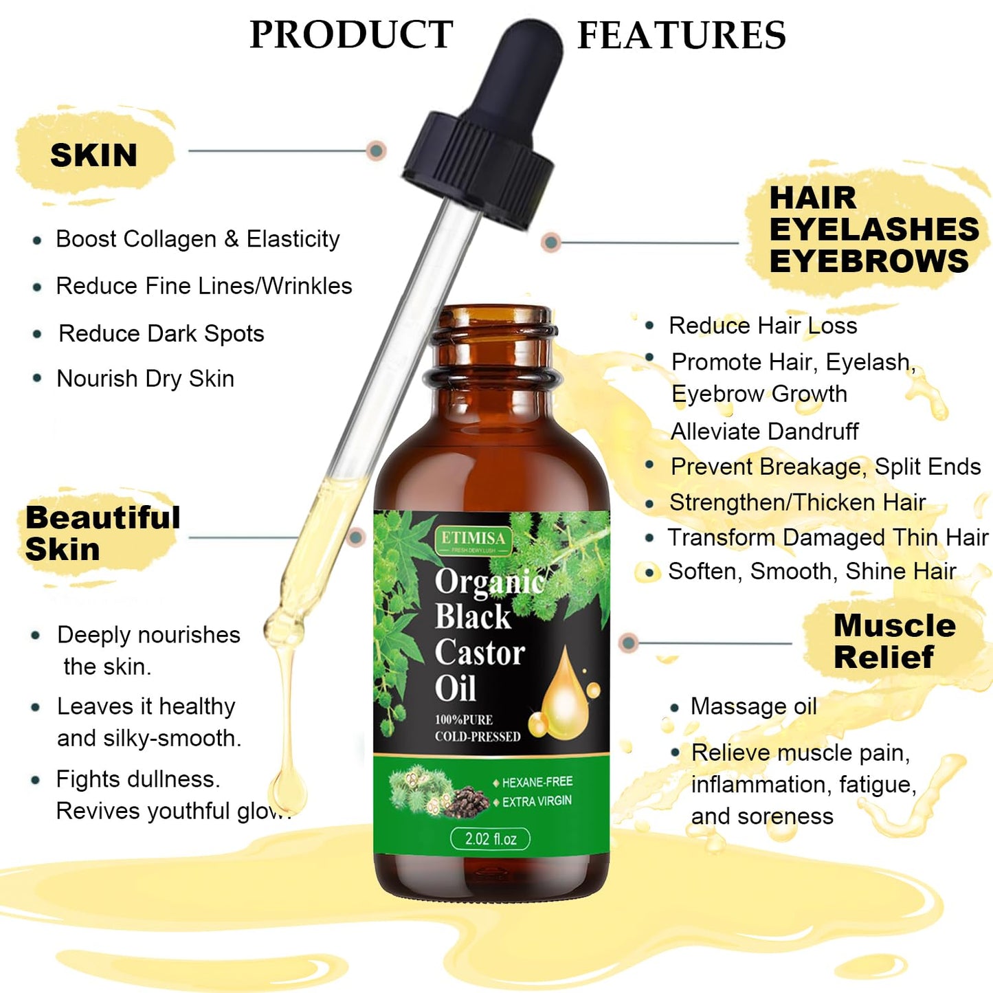 Hair Oil, Black Castor, 100% Pure Natural Organic, Cold Pressed, Hair Growth, Eyebrow & Skin Care, Body & Carrier Oil, 4.04 Fl Oz, 2 Glass Bottles