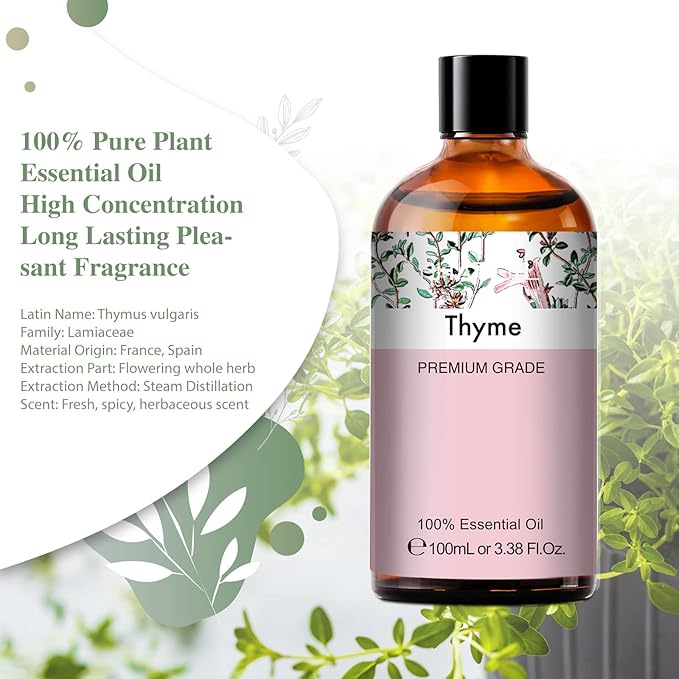 Thyme 3.38fl.oz Essential Oil, PHATOIL Aromatherapy Essential Oils for Diffuser, Humidifier, Perfect for DIY Soap, Candle, Bath Bombs Making(100ml)