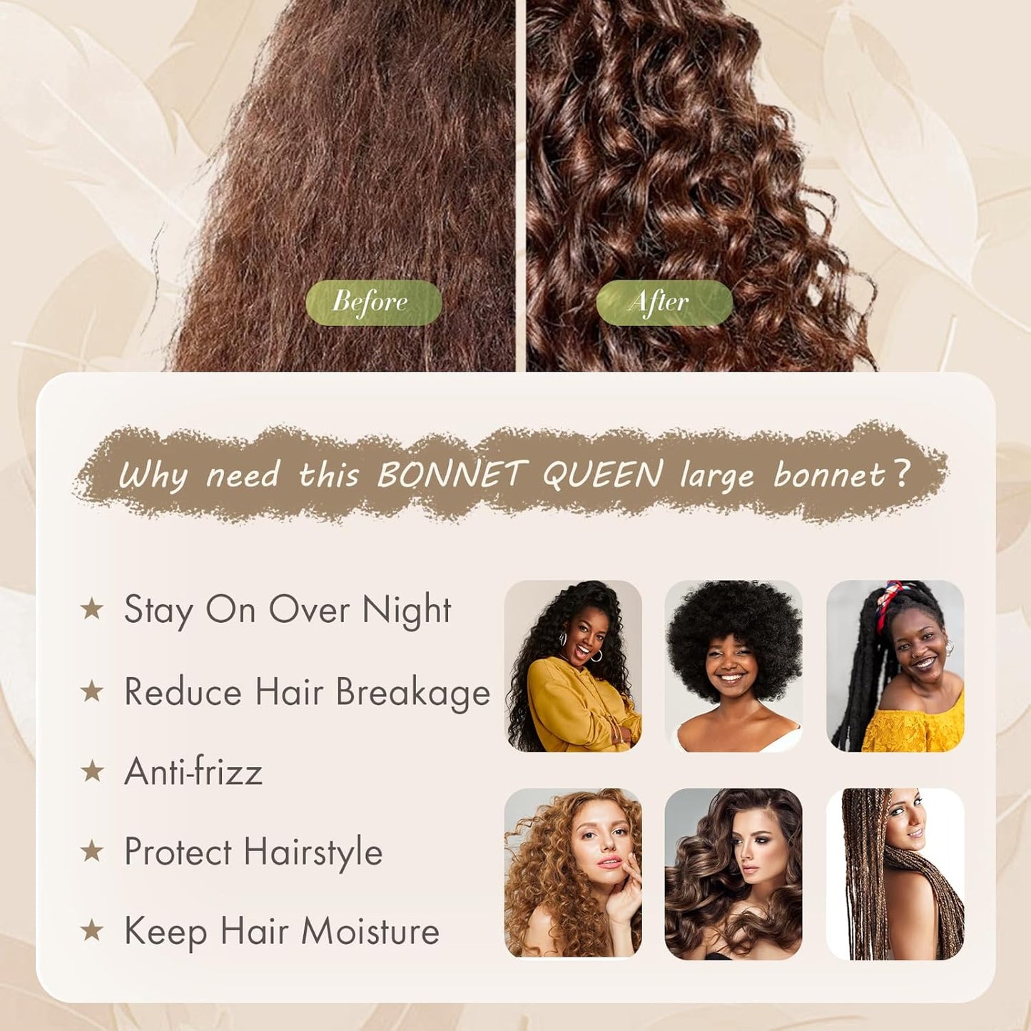 BONNET QUEEN Large Satin Silk Bonnet for Sleeping Women's Curly Hair - Big Night Sleep Cap Scarf Wrap with Tie Band - Yellow Gold