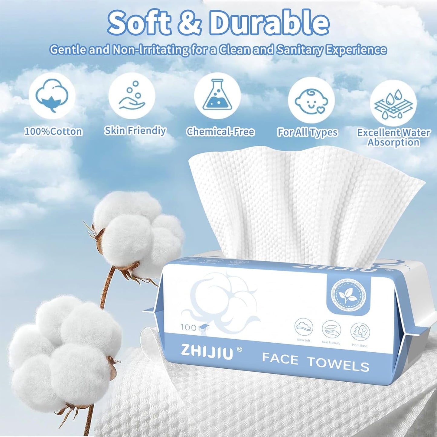 Disposable Face Towels 200 Count, Lint-Free Soft Cotton Facial Dry Wipes,8” x 8” Clean Facial Towels Wash Cloth for Sensitive Skin,Makeup Remover Dry Wipes
