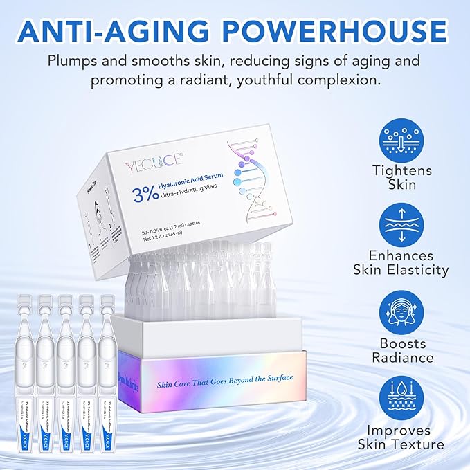 3% Hyaluronic Acid Serum for face, Hyaluronic Acid Tubes, Ultra-Hydrating Vials Serum Smoother Skin, Hyaluronic Acid Boosting Serum Single-Use Skincare 1.2ML*30