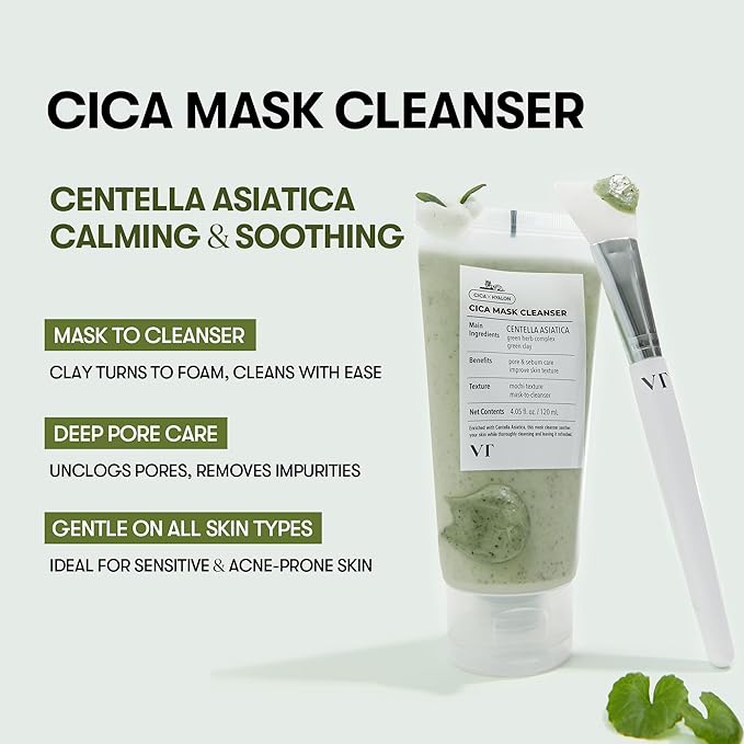 VT COSMETICS CICA Mask Cleanser, 2-in-1 Facial Wash, Non-Drying Clay Mask, Gentle Pore Care, Exfoliating, Hydrating, Centella Asiatica for Acne-Prone & Sensitive Skin, Korean Skincare (4.05 fl. oz)