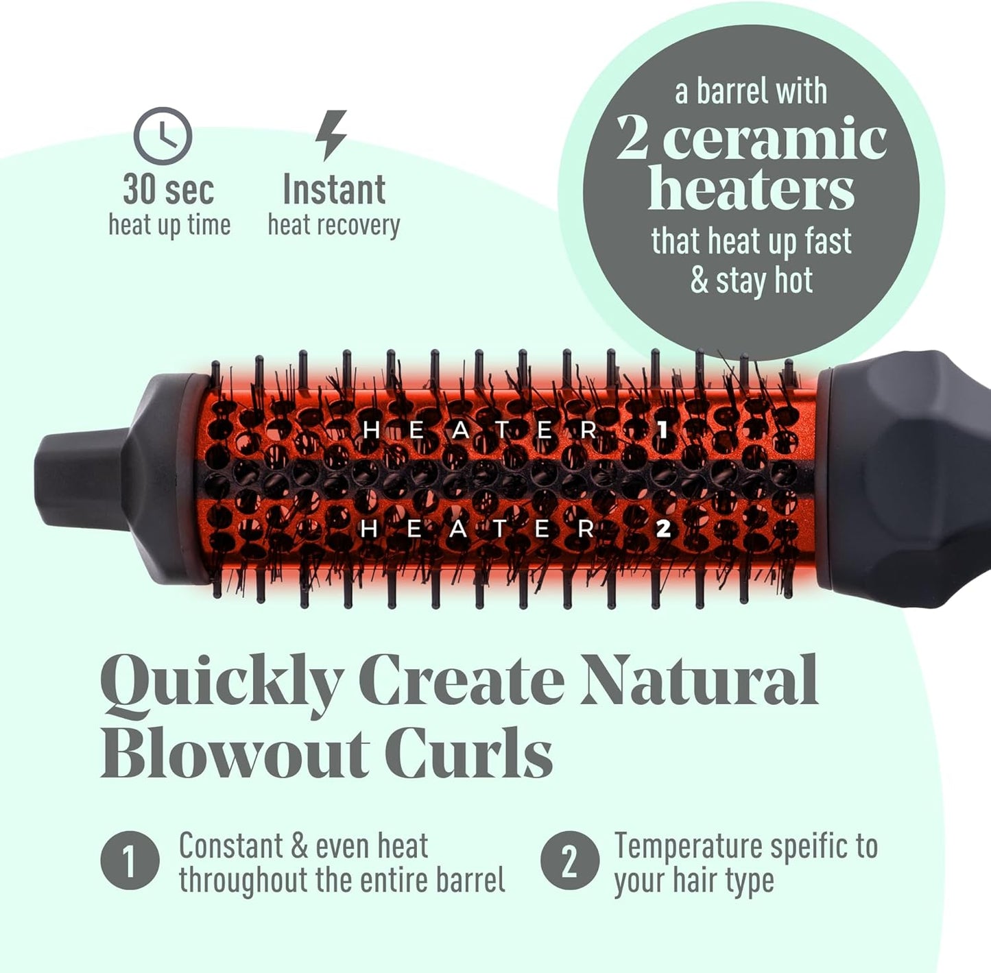 MINT Extra-Long 1.6 Inch Thermal Brush for Natural Volume & Waves | 230-430°F 2-Heater Ceramic Curling Iron Brush | Heated Round Styler