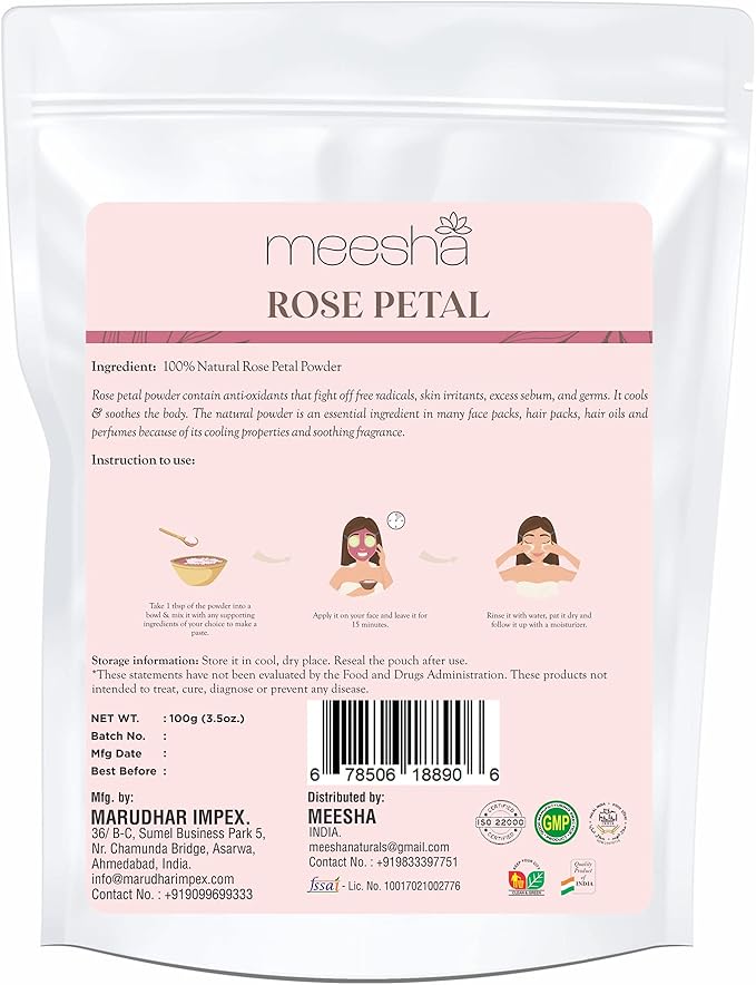 Rose Petal Powder by meesha | for Radiant Skin and Lustrous Hair | Cleansing, Hydrating, Skin Toning Powder | DIY face Masks, Bath Salts, Bath Bombs, Body Scrubs | 100% Natural Skincare and haircare