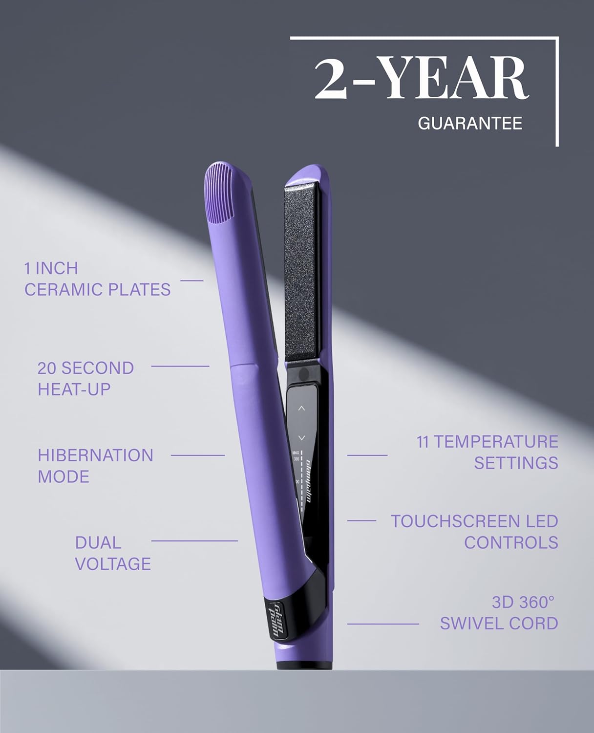 GLAMPALM Hair Straightener 1" Ceramic Flat Iron Infused with Vita C, Korea's No.1 Professional Salon Tool, 3D Swivel Cord & Dual Voltage, Digital LED(210°–450°), 20s Fast Heat-Up, Purple (GP201T)