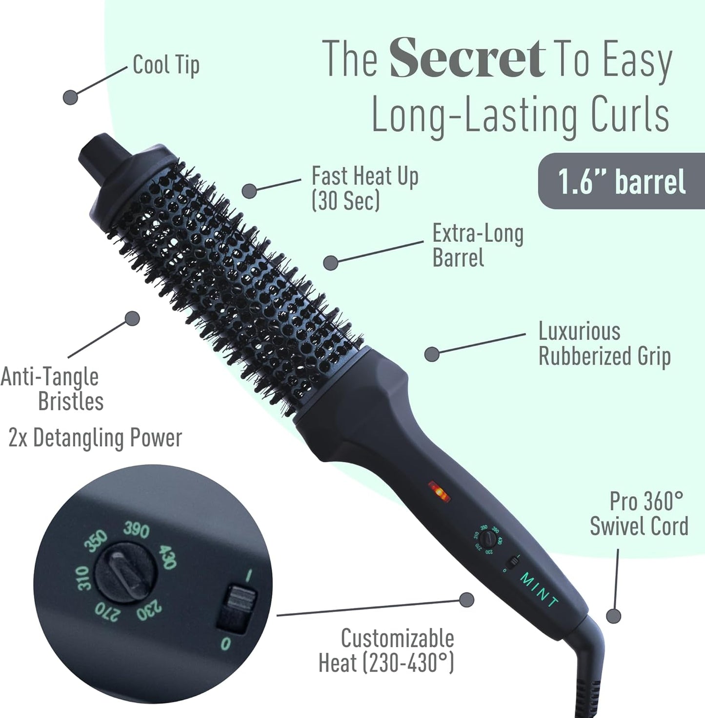 MINT Extra-Long 1.6 Inch Thermal Brush for Natural Volume & Waves | 230-430°F 2-Heater Ceramic Curling Iron Brush | Heated Round Styler