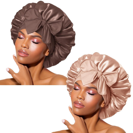 BONNET QUEEN 2Pcs Pack Silk Bonnet for Sleeping Satin Bonnet Hair Bonnet with Tie Band Sleep Bonnet Men Bonnet for Women Curly Hair Brown Champagne