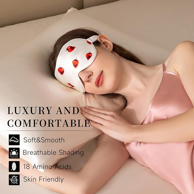 THXSILK Sleep Mask 100% 19 Momme Pure Mulberry Silk Super Smooth Cooling Decorative Sleep Eye Mask Blackout Eye Cover with Wide Head Strap, Strawberry-White