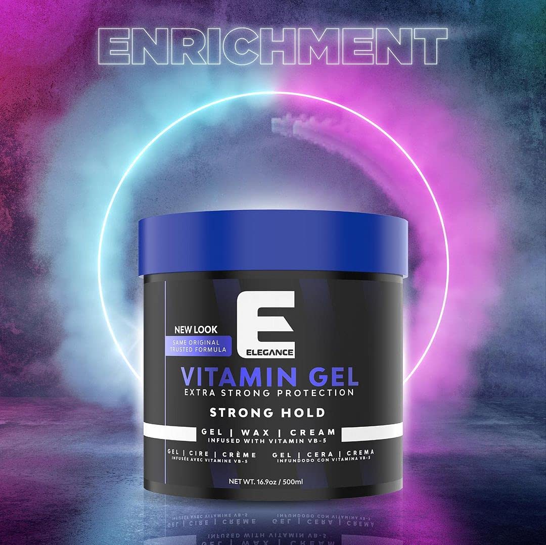 Elegance Vitamin Gel, 16.9 Oz, Infused with Vitamin Pro-VB-5, Strong Hold Gel, Maximum Hair Protection and Natural Long Lasting Shine
