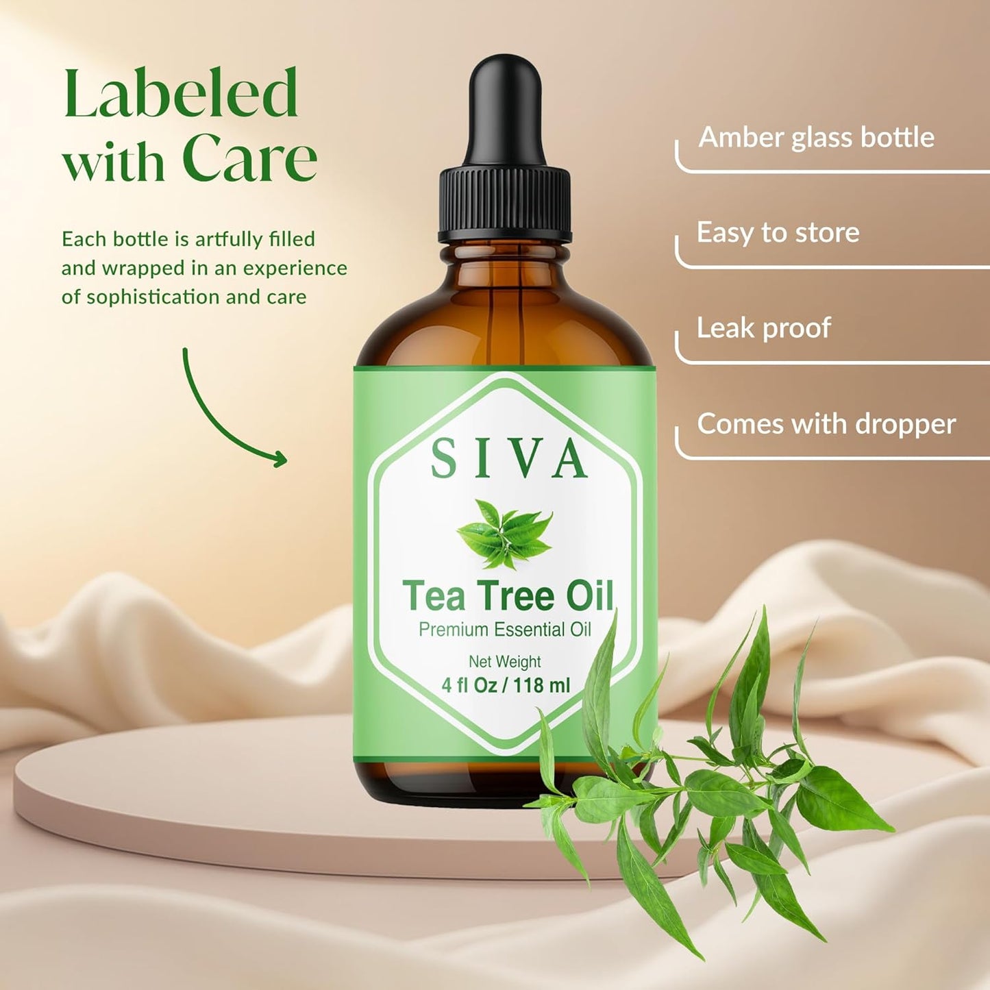 Siva Tea Tree Essential Oil - 4 Fl Oz – 100% Natural Tea Tree Oil - for Diffuser, Face, Skin Care, Aromatherapy, Hair Care, Scalp and Body Massage - with Dropper