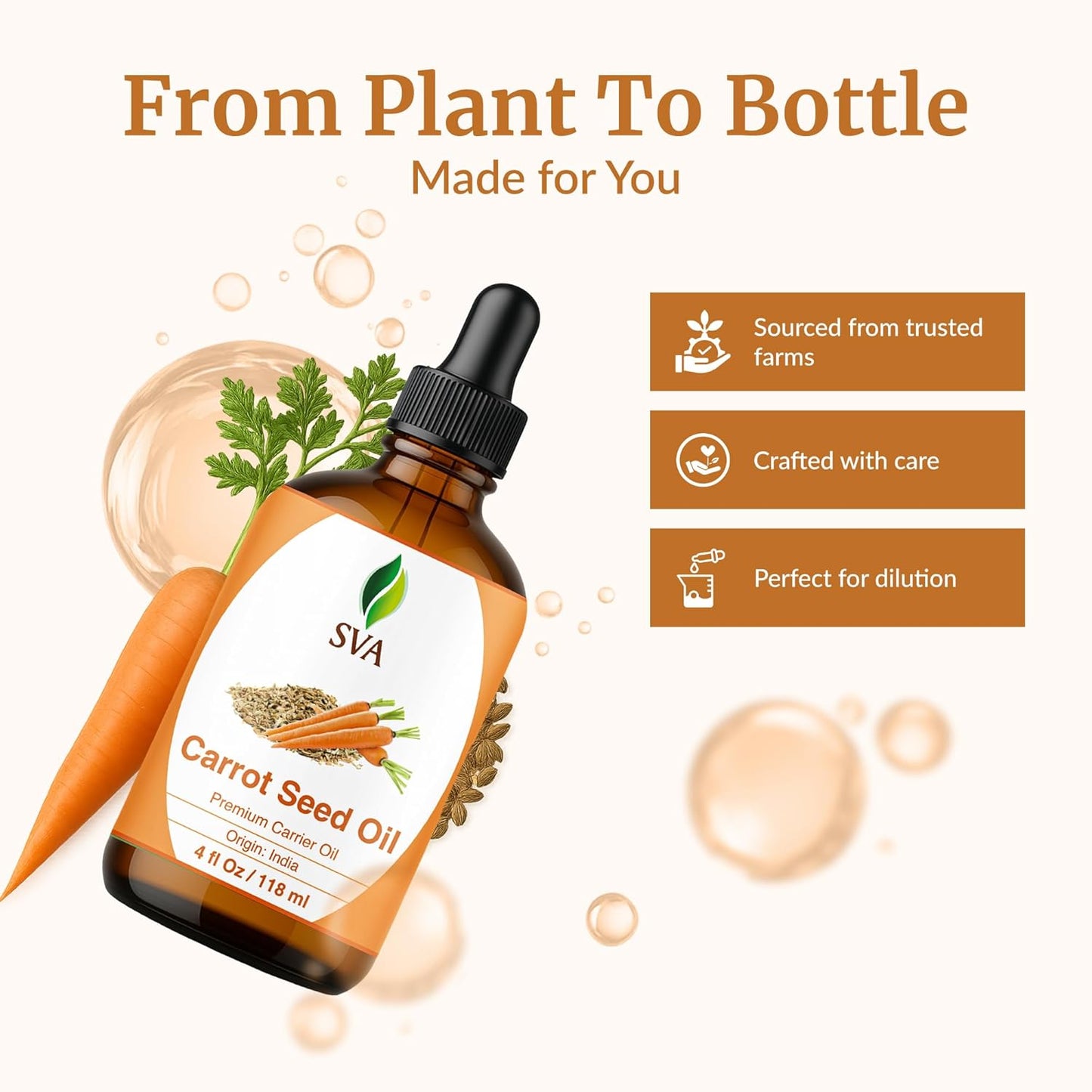 SVA Carrot Seed Oil - 4 Fl Oz – 100% Natural Cold Pressed Carrot Oil - for Face, Skin Care, Hair Care, Scalp Massage & Body Massage – Carrier Oil with Dropper
