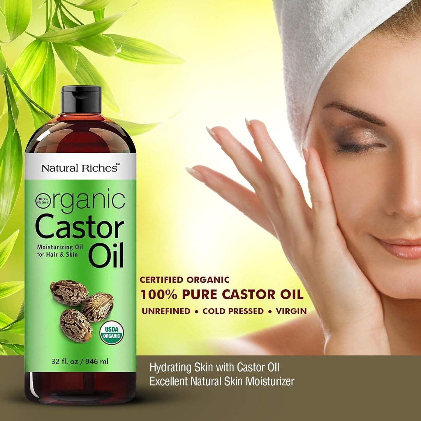 Natural Riches Organic Castor Oil - Cold Pressed, USDA Certified for Dry Skin, Hair Loss, Dandruff, Hair Growth, and Thicker Eyelashes & Eyebrows - 32 fl. oz.