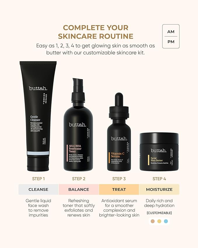 Buttah Skin Supreme Kit for Melanin Rich Skin | Facial Shea Butter 2 oz | Vitamin C Serum 1 oz | Cleanser 3.4 oz | Rosewater Toner 3.4 oz | Black Owned Skincare