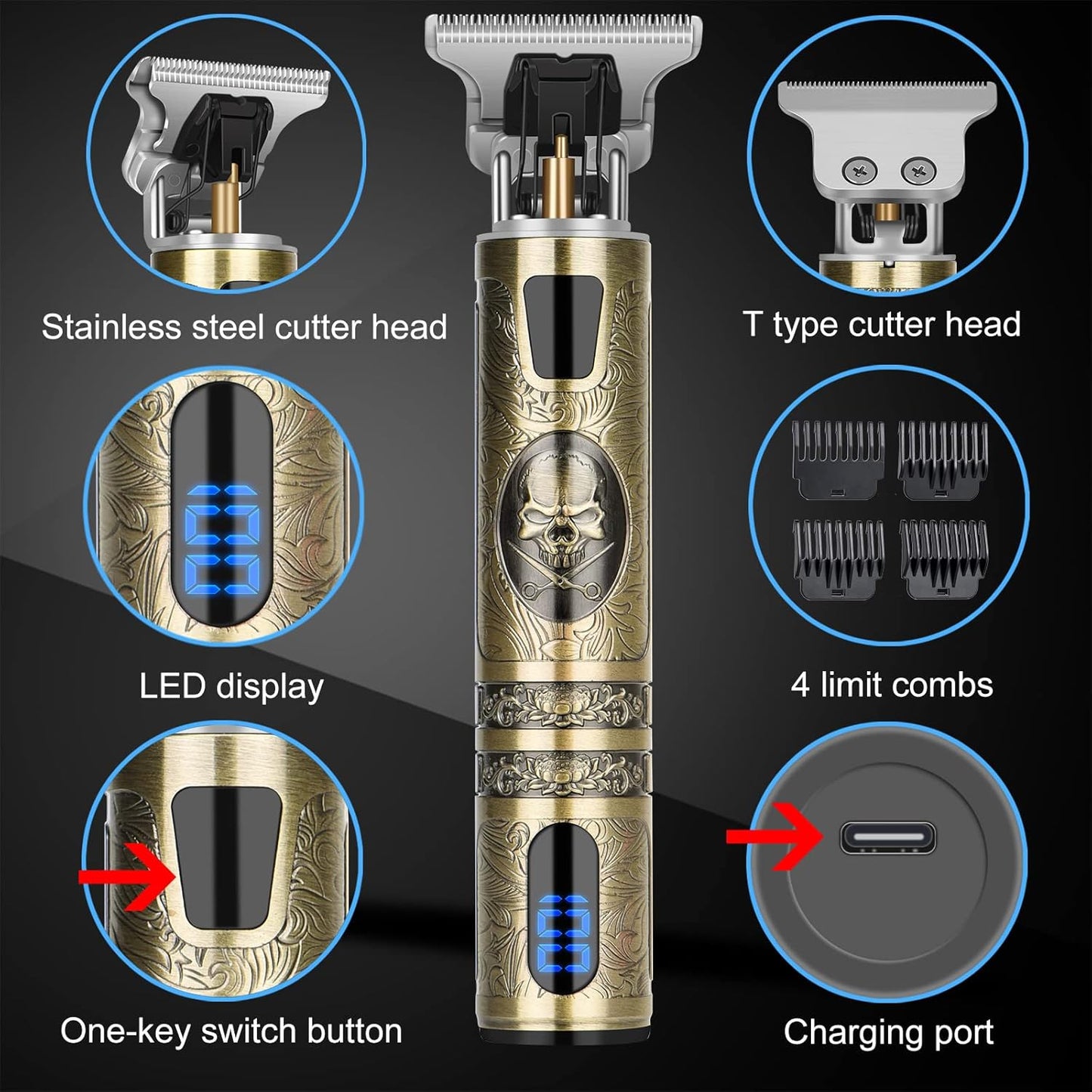 Professional Hair Trimmer for Men, Beard Trimmer Hair Clippers for Men, Cordless Rechargeable Hair Trimmer Metal Body Cutting Grooming Kit,Beard Shaver Barbershop (Bronze with LCD)