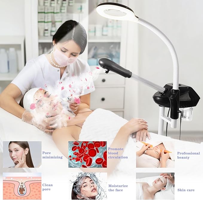 Professional Facial Steamer, 2 in 1 Ozone Facial Steamer on Wheels, with 5X Magnifying Lamp, Facial Steamer with Time Setting, Stand Facial Steamer Adjustable Height for Spa, Salon and at Home use