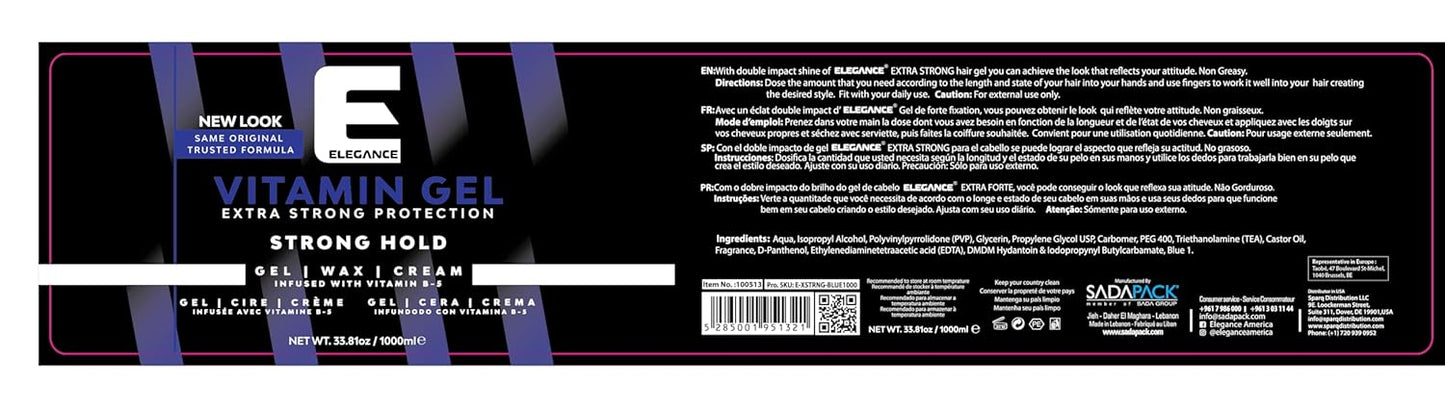 Elegance Vitamin Gel, 33.8 Oz, Infused with Vitamin Pro-VB-5, Strong Hold Gel, Maximum Hair Protection and Natural Long Lasting Shine