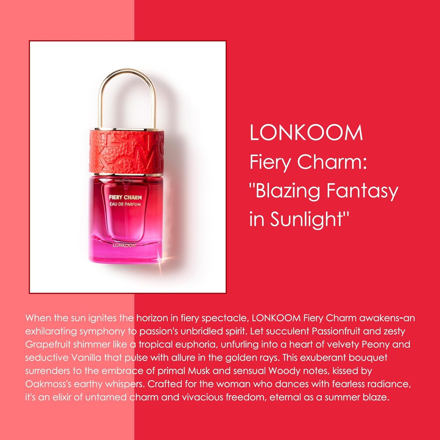 Lonkoom LOCK Fiery Charm Perfume for Women, 1.7 Fl Oz/50ml Eau De Parfum Spray Long-Lasting Fragrance, Floral Fruity Notes of Passionfruit, Grapefruit, Pineapple, Tangerine, Strawberry, Musk