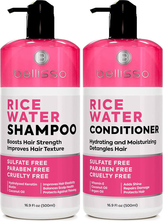 Rice Water Shampoo and Conditioner Set - Sulfate Free for Thin and Fine Hair - Fuller, Thickening Formula for Women and Men - With Strengthening Saw Palmetto - Anti Thinning, Volumizing for Thick Hair
