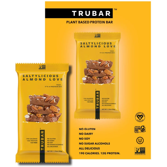 TRUBAR Vegan Protein Bar, Saltylicious Almond Love, Gluten Free, Plant Based, High Fiber, Dairy Free, Low Fat, Non GMO, No Sugar Alcohols, 12G Lean Protein, 13G Fiber, Healthy Snack Bars, 12 CT
