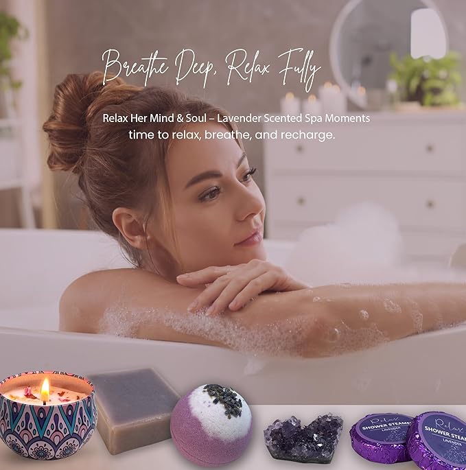 Lavender Gift Box for Women – Birthday Gift for Her, Spa Gift Set, Relaxing Self Care Package for Mom, Wife, Sister, Best Friend – Stress Relief Gifts for Women