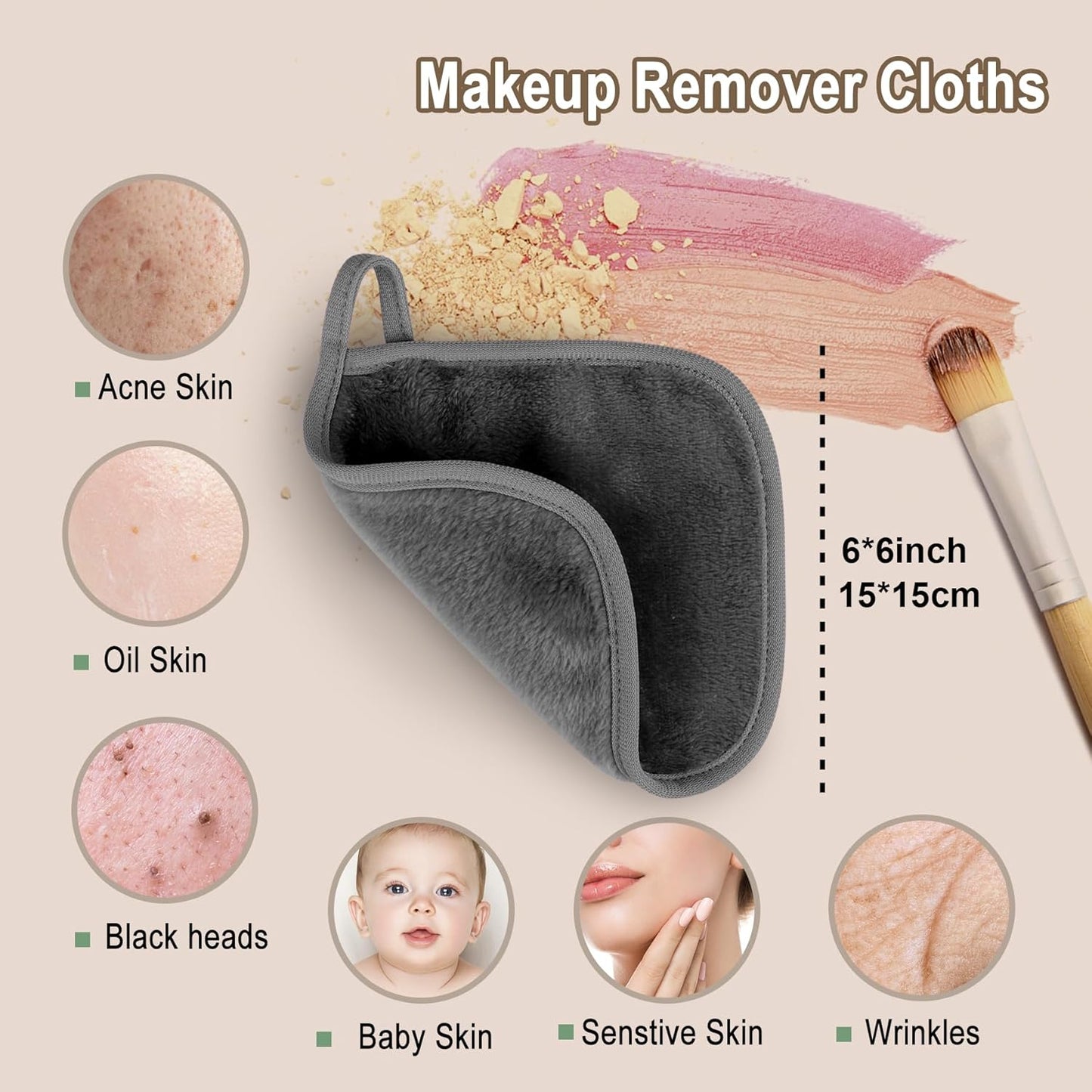 KODAMO Makeup Remover Cloth, 6 inch x 6 inch Reusable Makeup Remover Towels with Laundry Bag, Microfiber Makeup Removal Face Wash Cloths with Just Water, 12 Pack, Grey