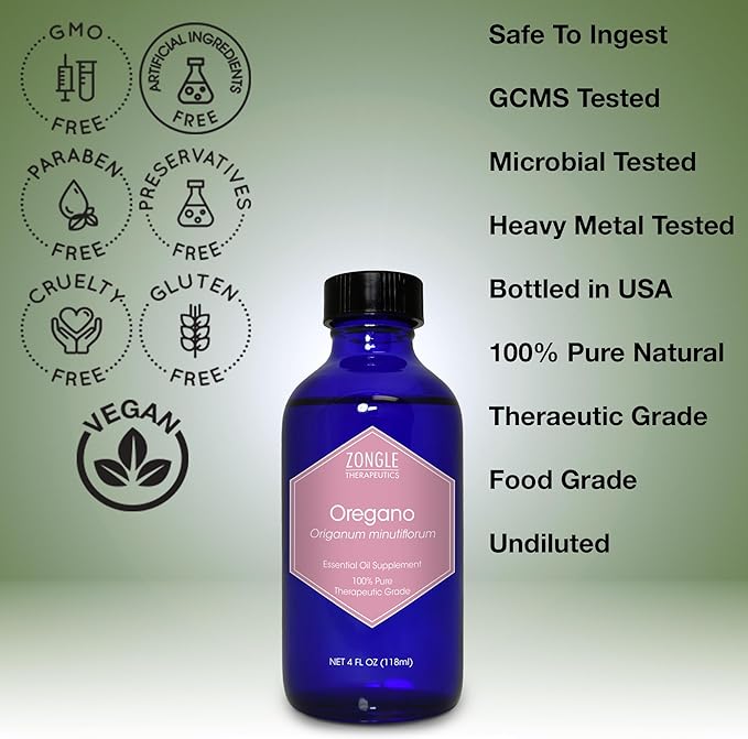 Zongle Therapeutics Oregano Oil, Food Grade, Safe for Ingestion, Edible, for Drops, Kids – 100% Pure, Oregano Essential Oil, 4 OZ