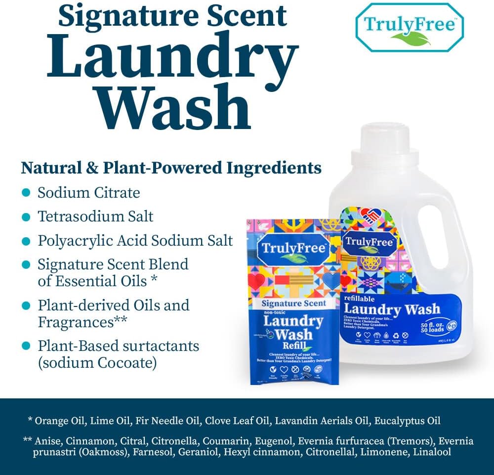 Truly Free Natural Laundry Detergent for Sensitive Skin | Eco Friendly, Plant Based, Baby Clothes Safe | Clean & Easy Powder to Liquid, 6 Pack Refill Detergent, NO Jug | Signature Scent, 300 Loads